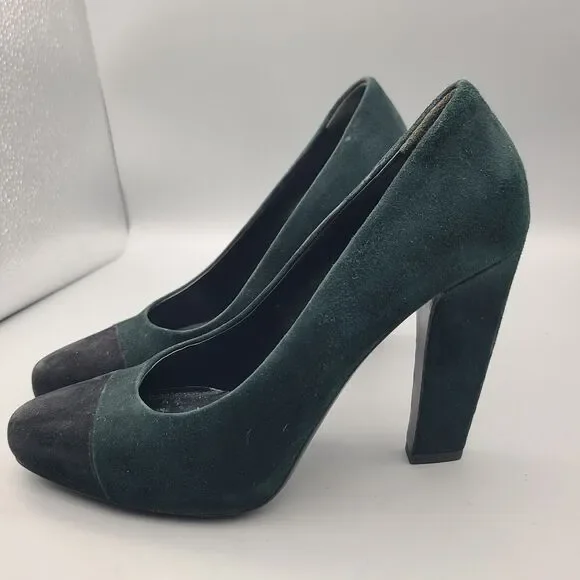 Prada Heel Pumps Shoes Donna Calzature Green Black Suede Cap Toe Sz 6 36 Used - Picture 5 of 10